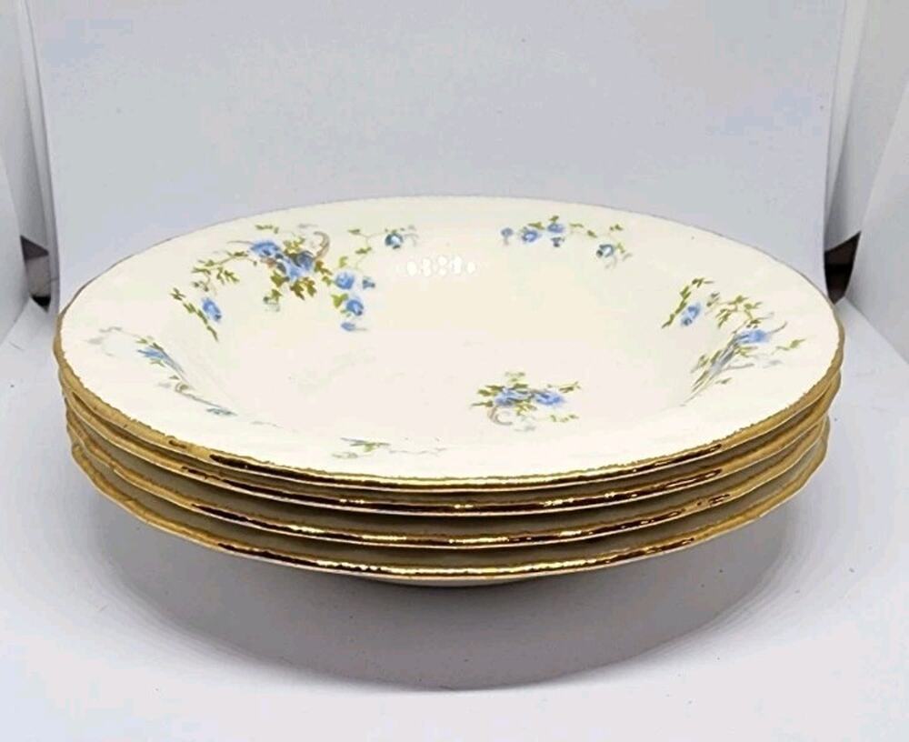 PopeGosser Fine China FLEURETTE Pattern 6"W 4 Saucers 1.5" Deep Blue Flowers